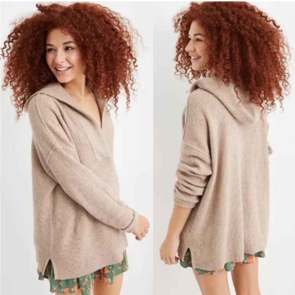 Aerie CozyUp Waffle Knit Hooded Sweater in Oatmeal - Size Medium - Picture 1 of 6